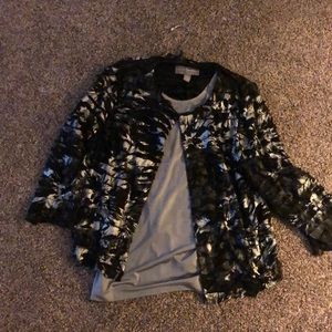 Chico’s black and silver Traveler’s jacket with silver tank top, both size 2.